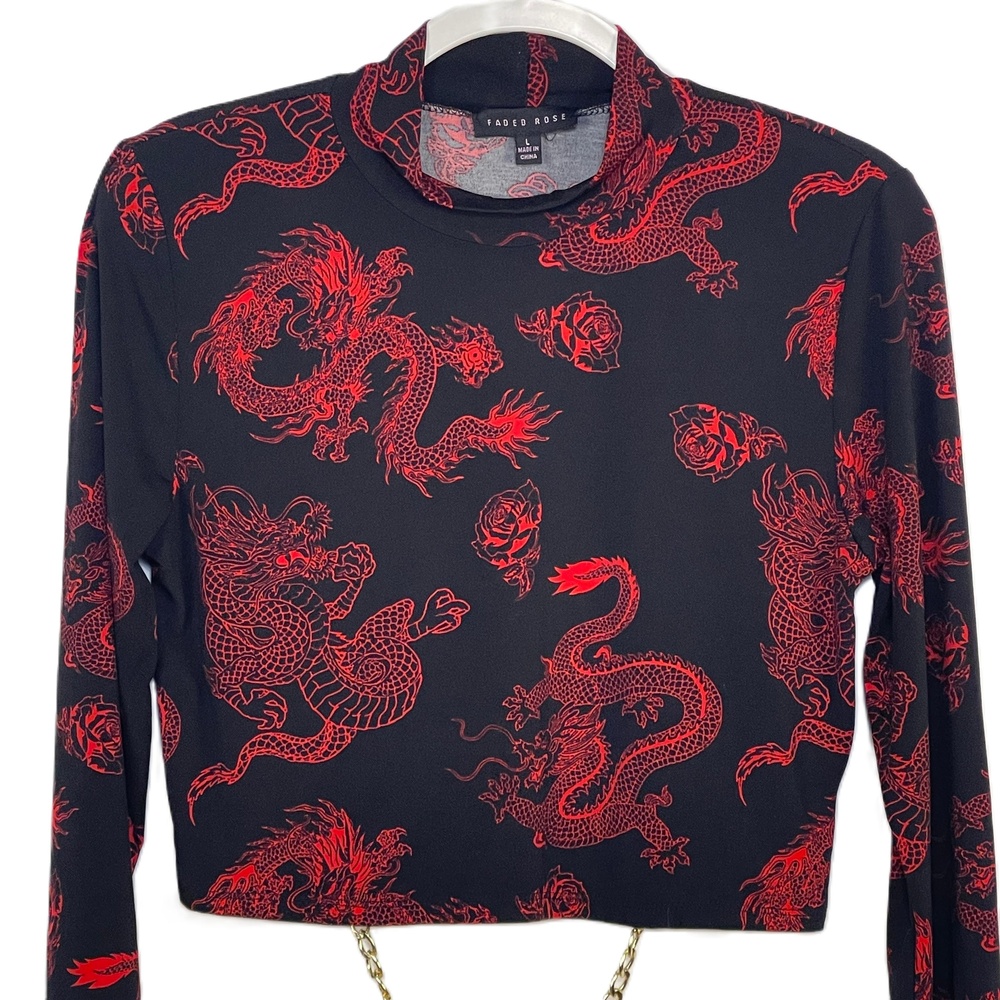 Faded Rose Black and Red Dragon Long Sleeve Crop Top with Back Chain Large - Picture 2 of 6